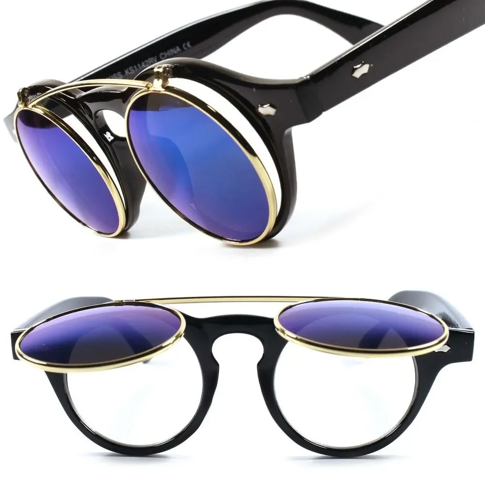 Flip-Up Blue Mirrored Round Sunglasses Retro 70s 80s Unisex